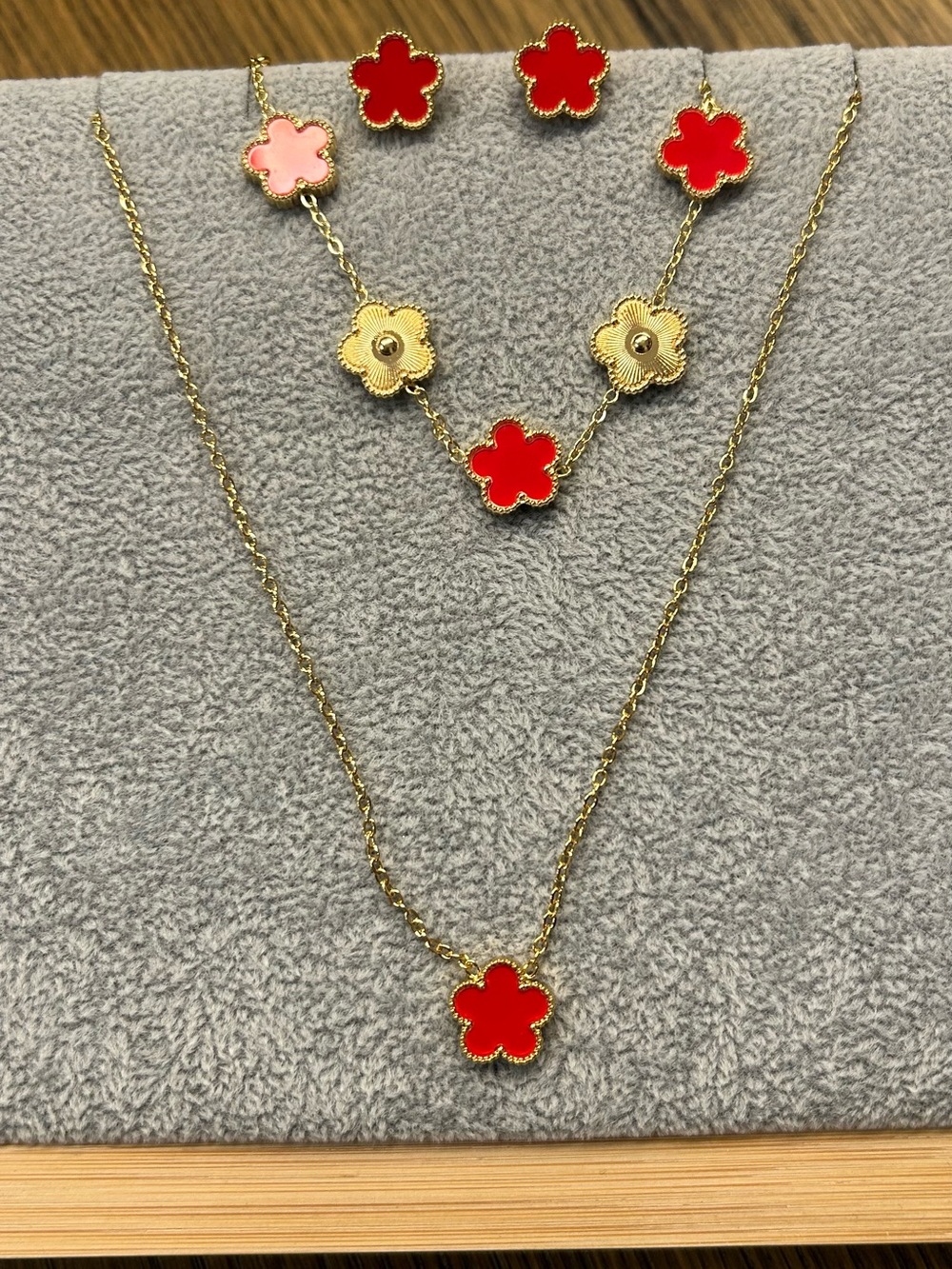 Stainless Steel Red & Gold Flower Pendant Necklace, Bracelet, Earrings Set